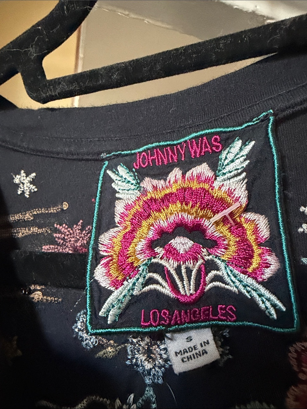 Johnny Was Black Short-Sleeve V-Neck Top with Multicolor Floral Embroidery - Picture 3 of 3